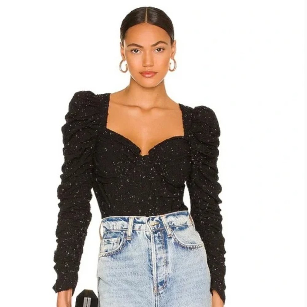NWOT Caldwell Puff Shoulder Black Glittery Sweetheart Top. - Picture 3 of 11
